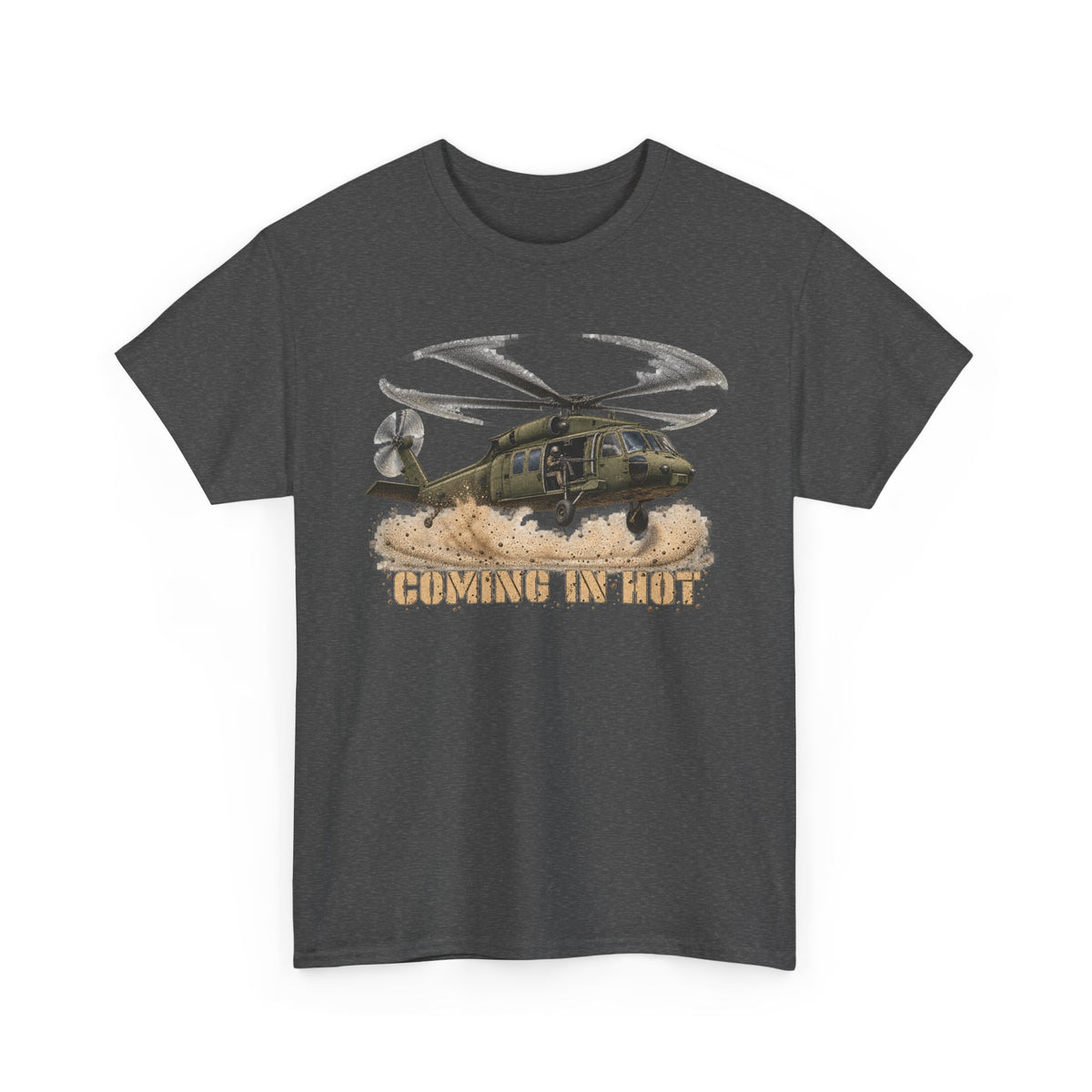 Dark gray crewneck T-shirt with helicopter graphic print
