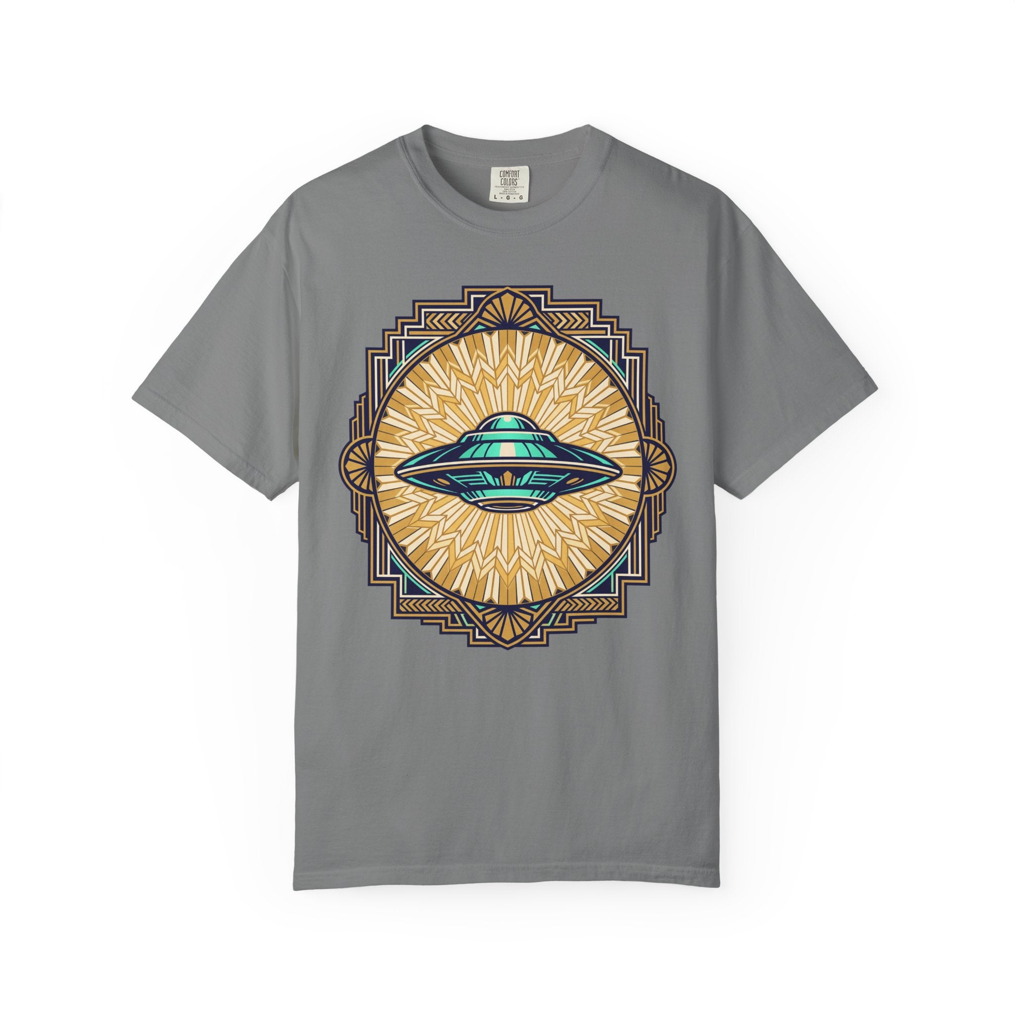 Charcoal gray T-shirt with central UFO graphic in blue and gold sunburst design