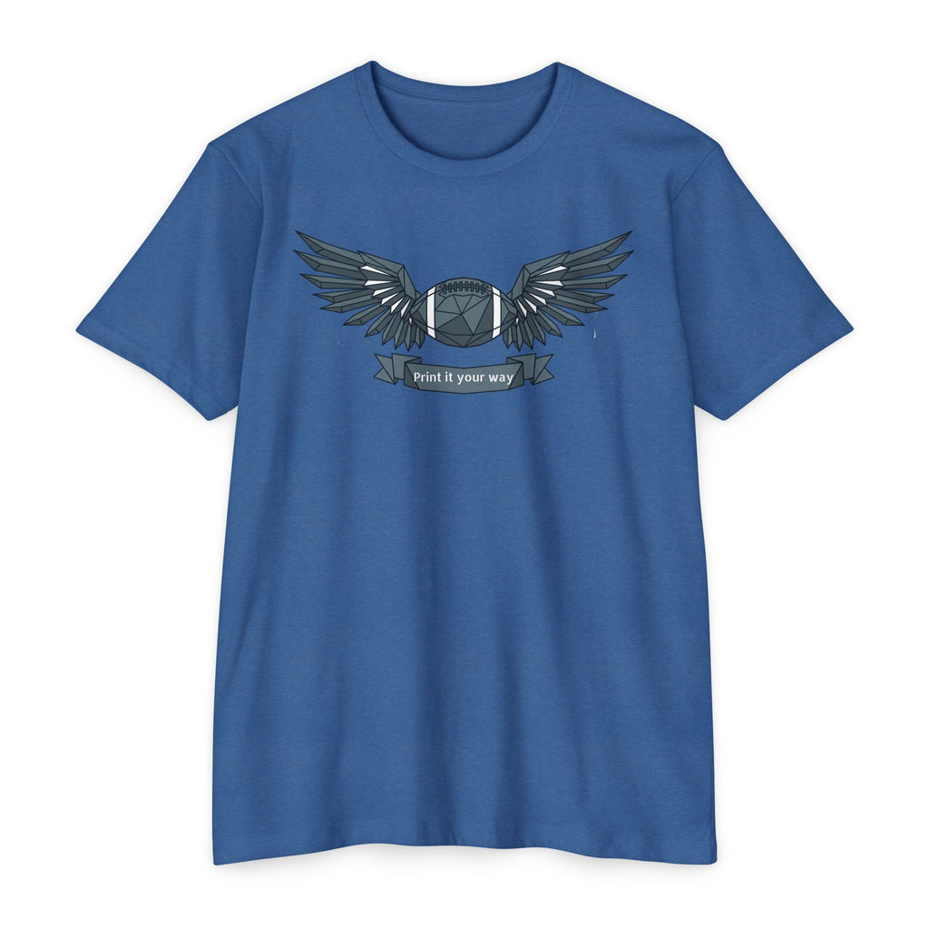Blue crewneck T-shirt with winged camera emblem graphic on the chest