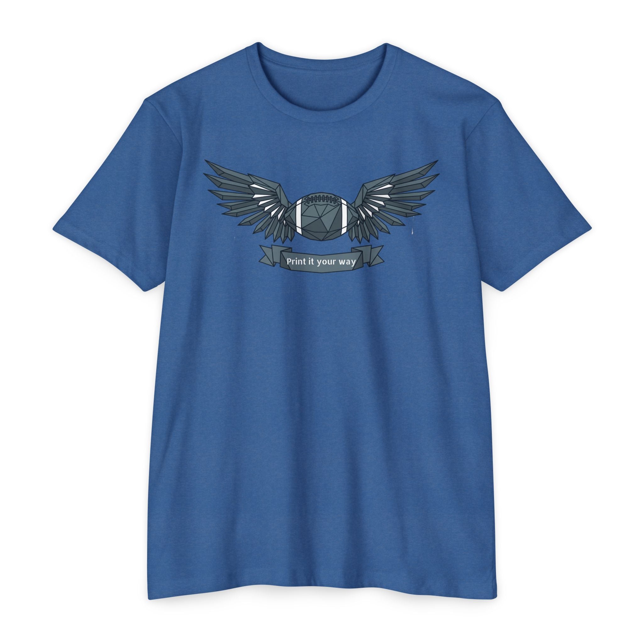 Blue crewneck T-shirt with winged camera emblem graphic on the chest
