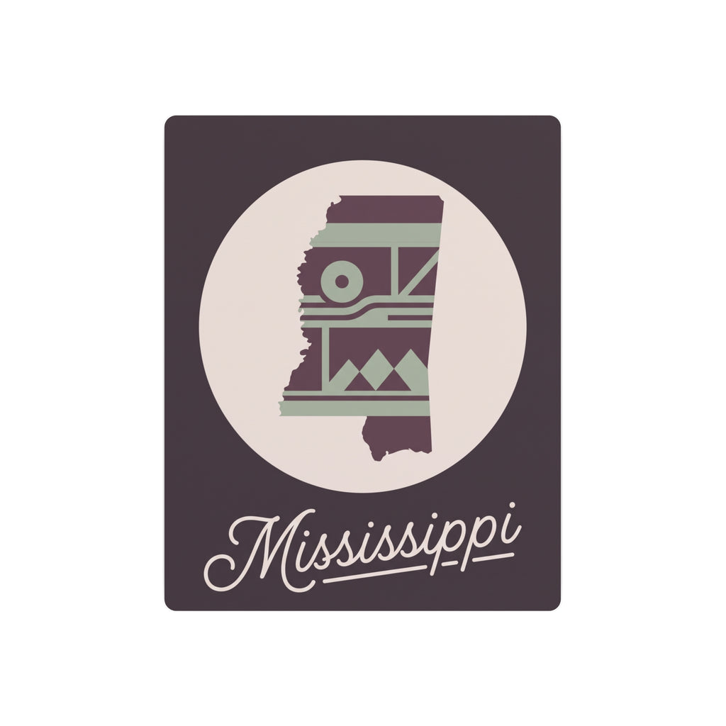 Plum and sage metal wall art with Mississippi silhouette and southwest pattern inside a circle