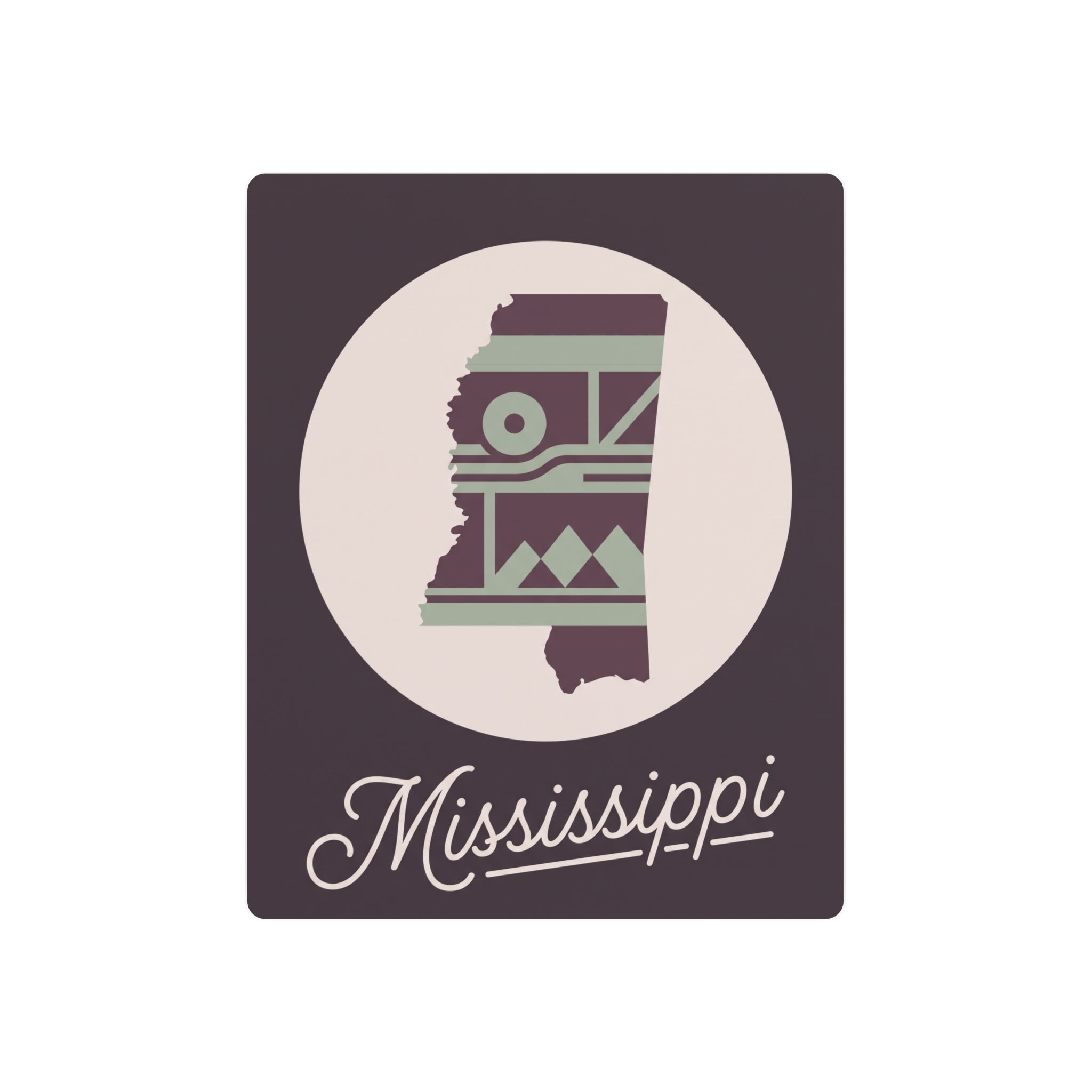 Plum and sage metal wall art with Mississippi silhouette and southwest pattern inside a circle