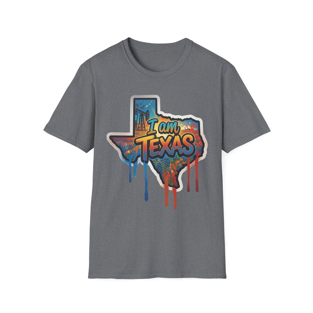 I Am Texas T-shirt (grey) with graffiti state outline and skyline “I am Texas” print