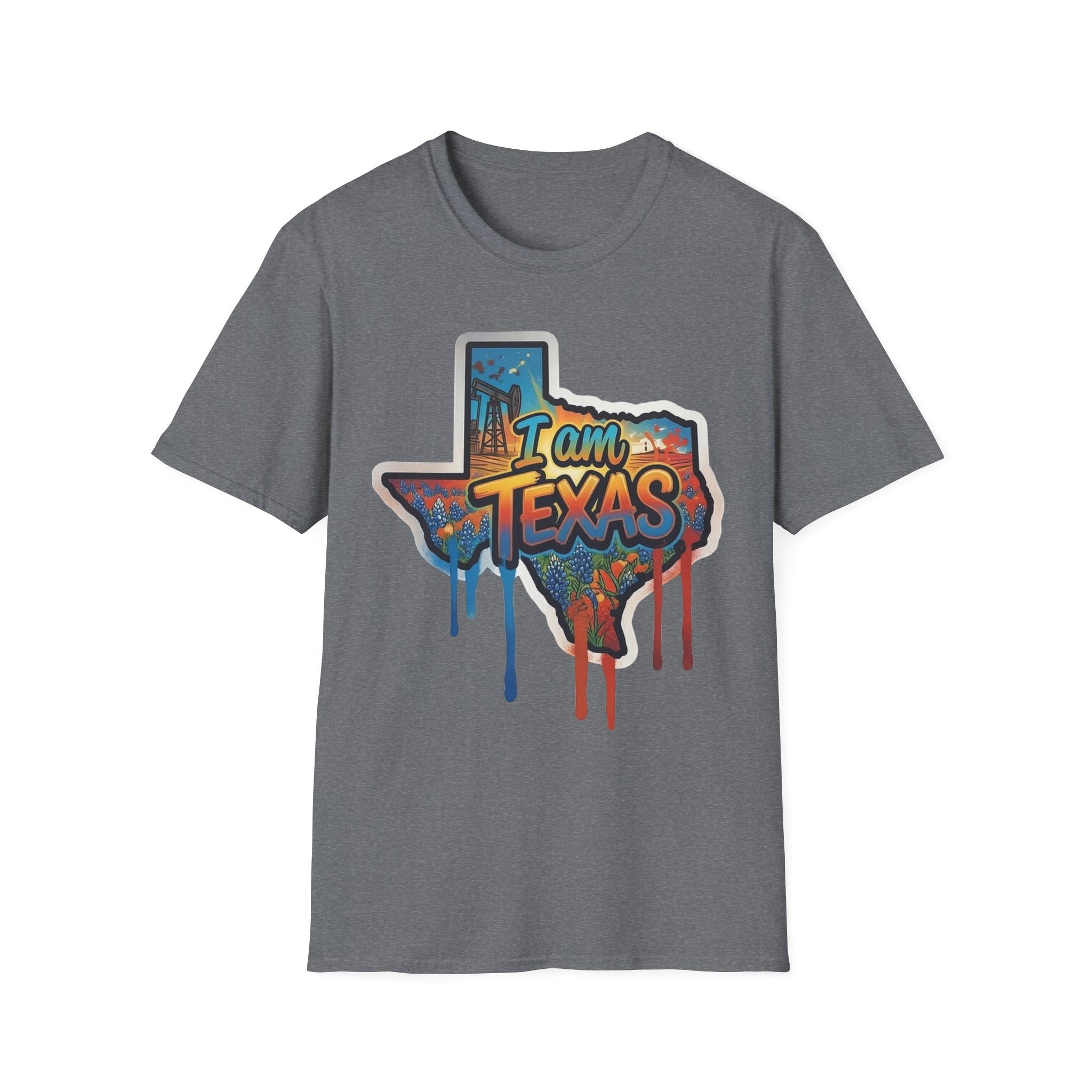 I Am Texas T-shirt (grey) with graffiti state outline and skyline “I am Texas” print