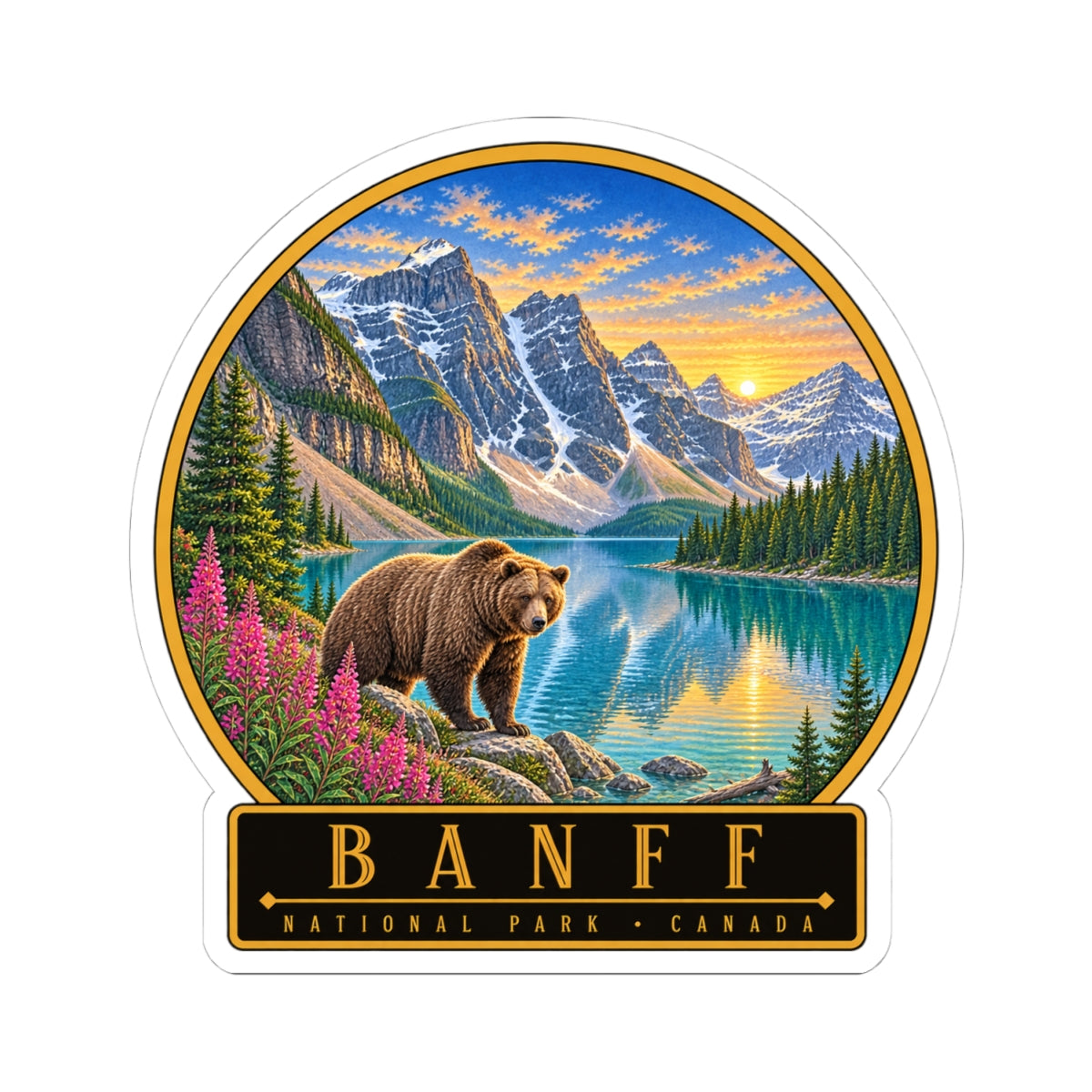Banff sticker showing grizzly bear in foreground, lake and peaks, circular art with banner