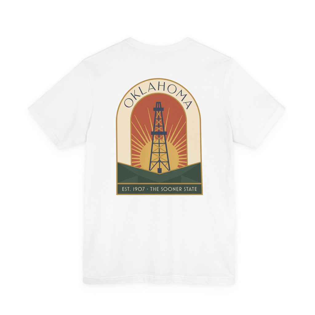 White T-shirt with large back oil derrick sunset graphic and Oklahoma text