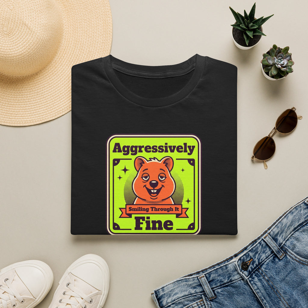 Black T-shirt with neon-style cartoon bear graphic and green-yellow text on front