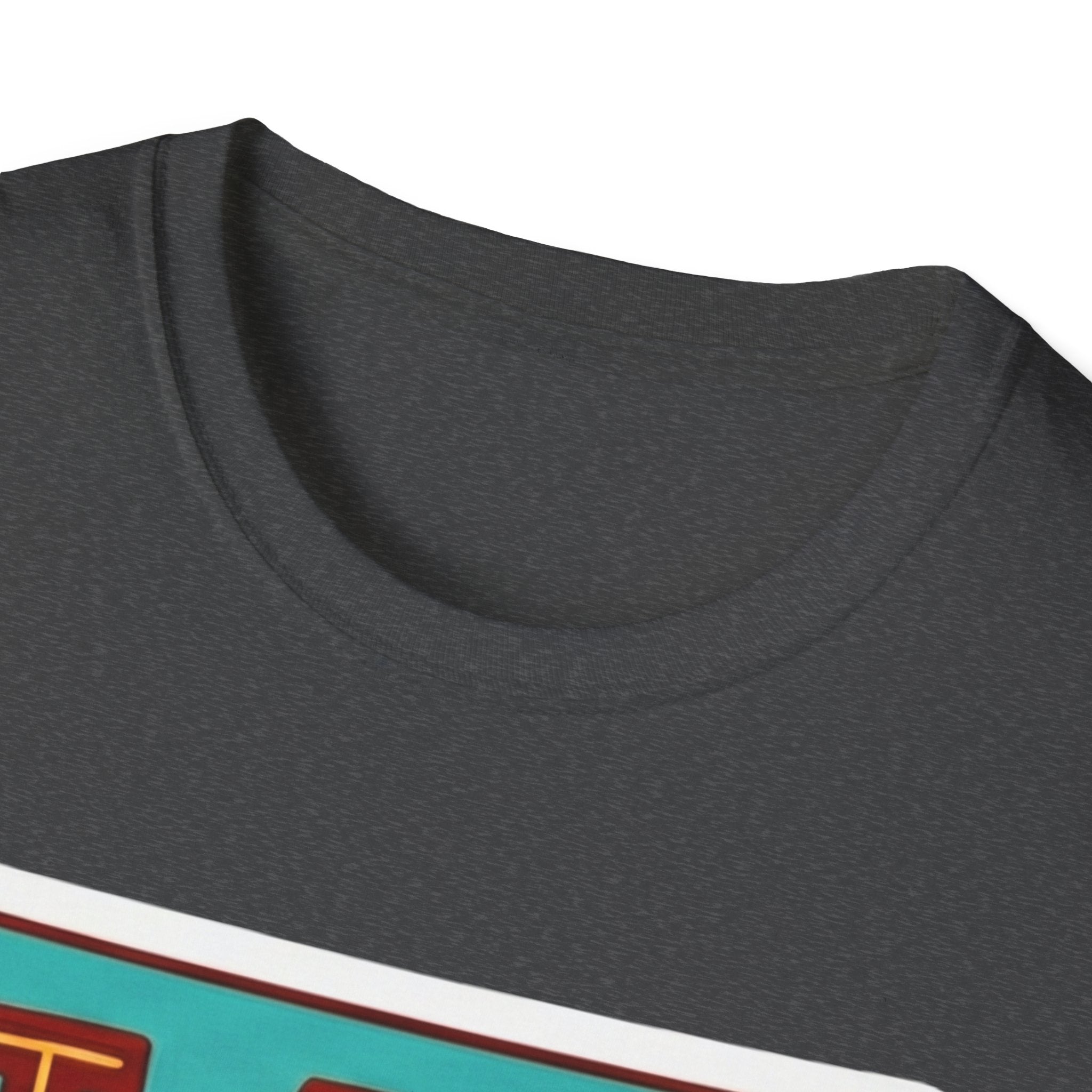 Sport grey T-shirt neckline with partial colorful graphic visible at the bottom edge