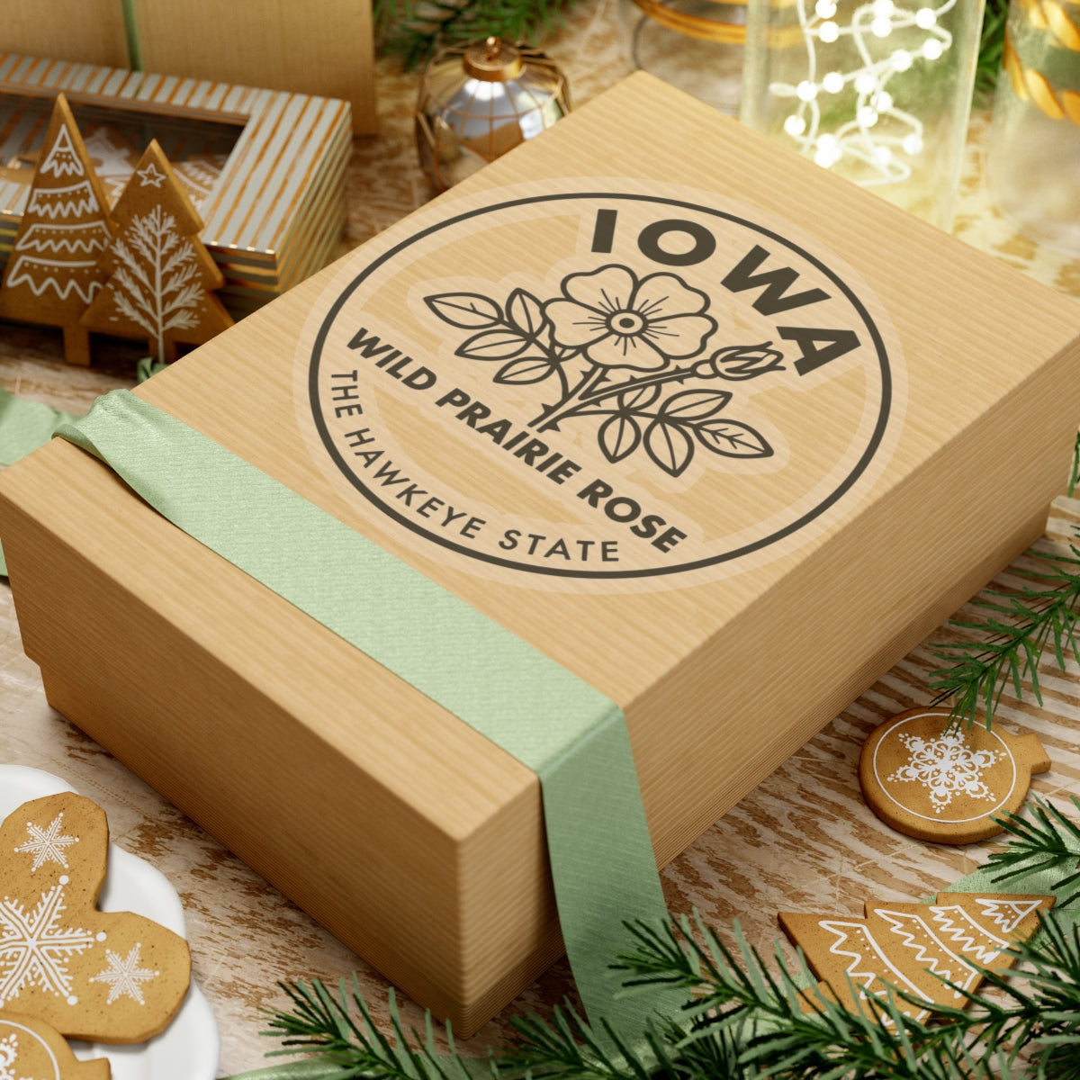 Circular Iowa wild prairie rose sticker on gift box with botanical outline design