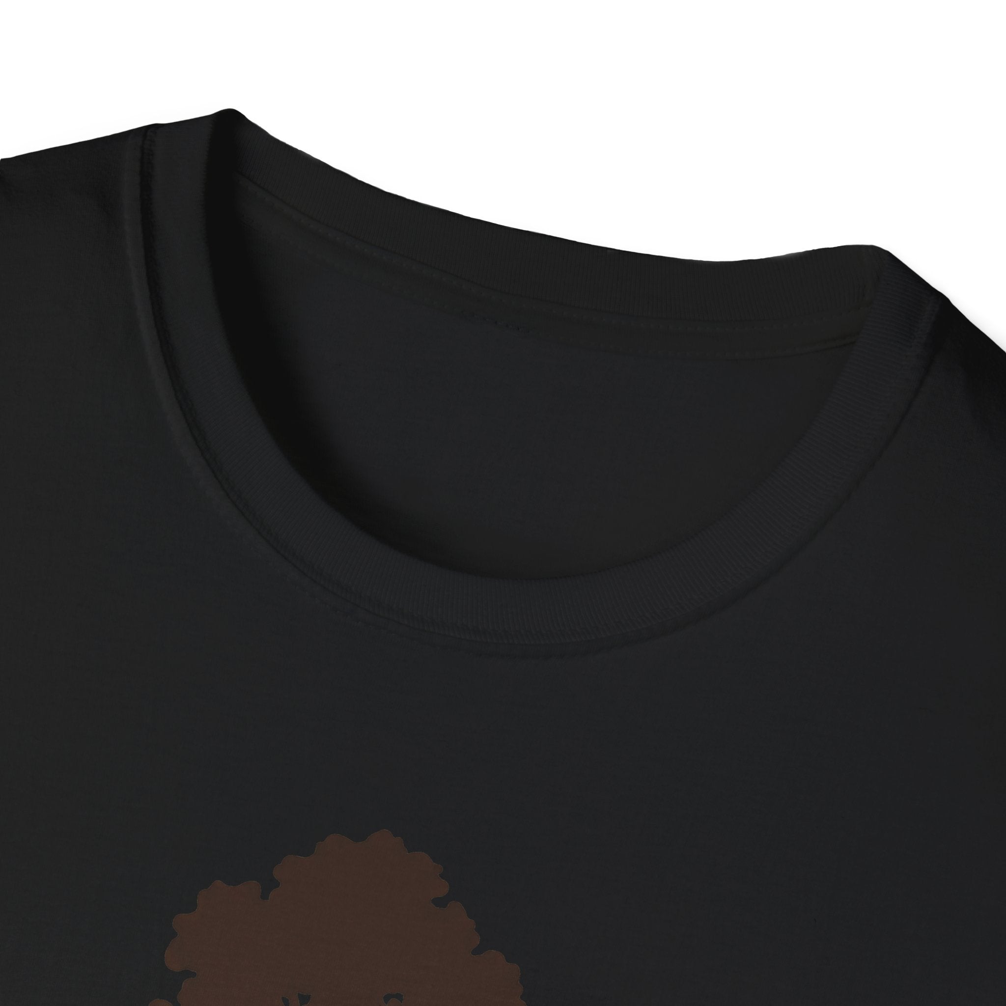 Black T-shirt neckline with partial tree graphic