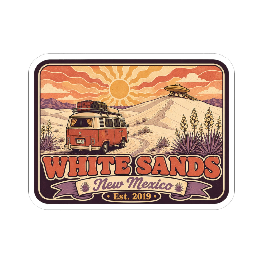Rounded rectangle sticker with vintage camper in desert scene and White Sands text