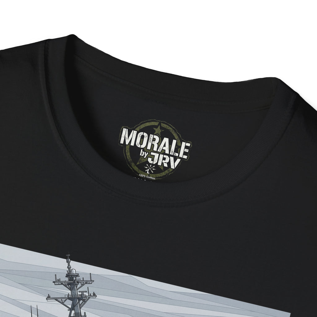 Black T-shirt with round logo at neckline and partial wave print