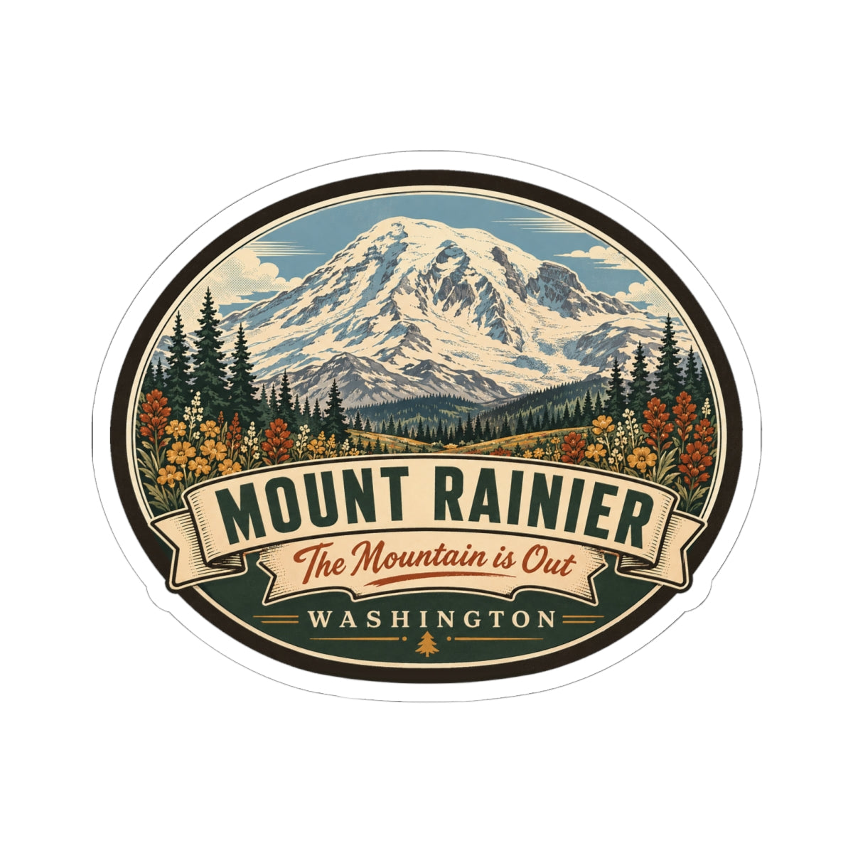 Oval Mount Rainier travel sticker featuring a snowcapped peak, forest trees, and WASHINGTON