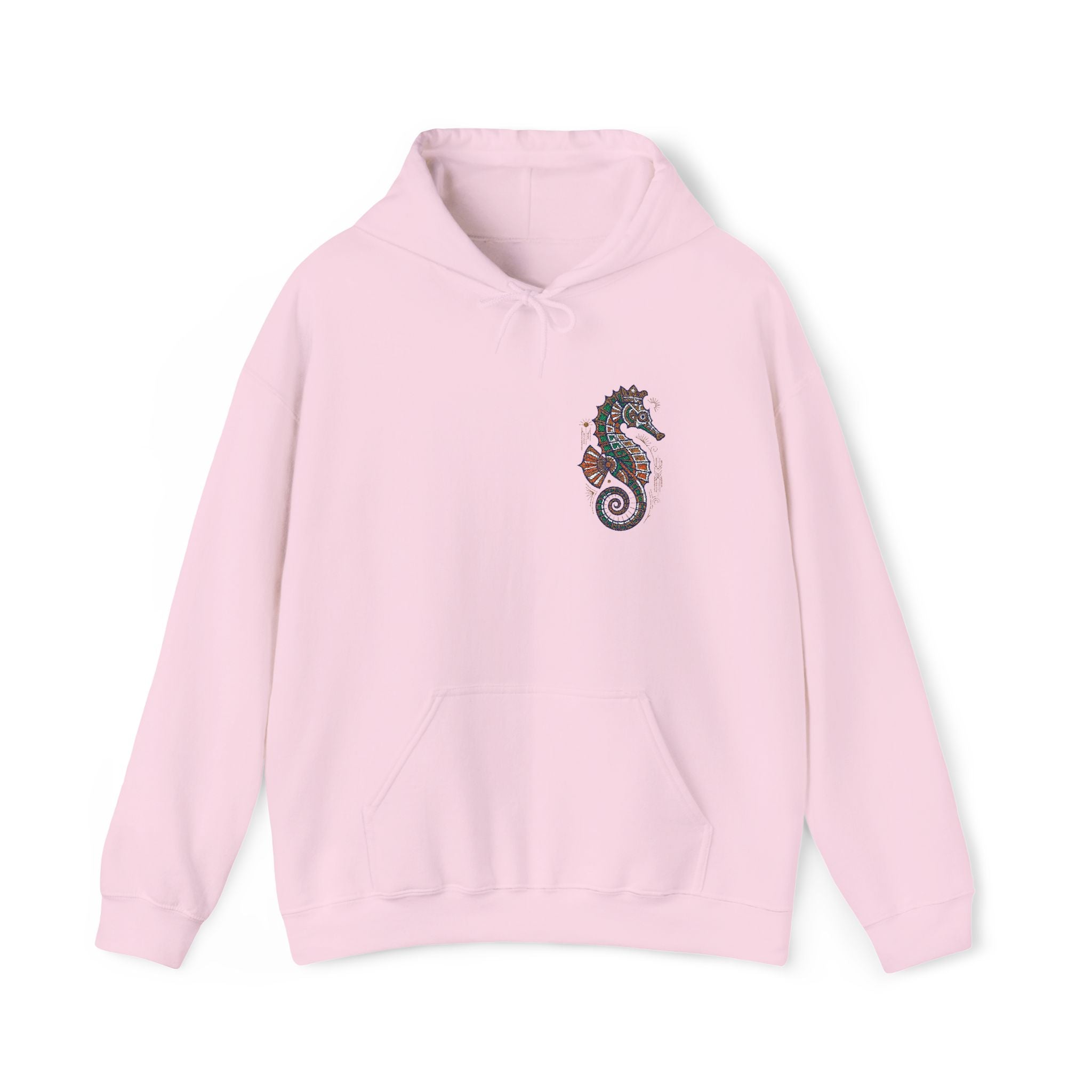 Light pink hoodie with seahorse graphic on chest and front kangaroo pocket