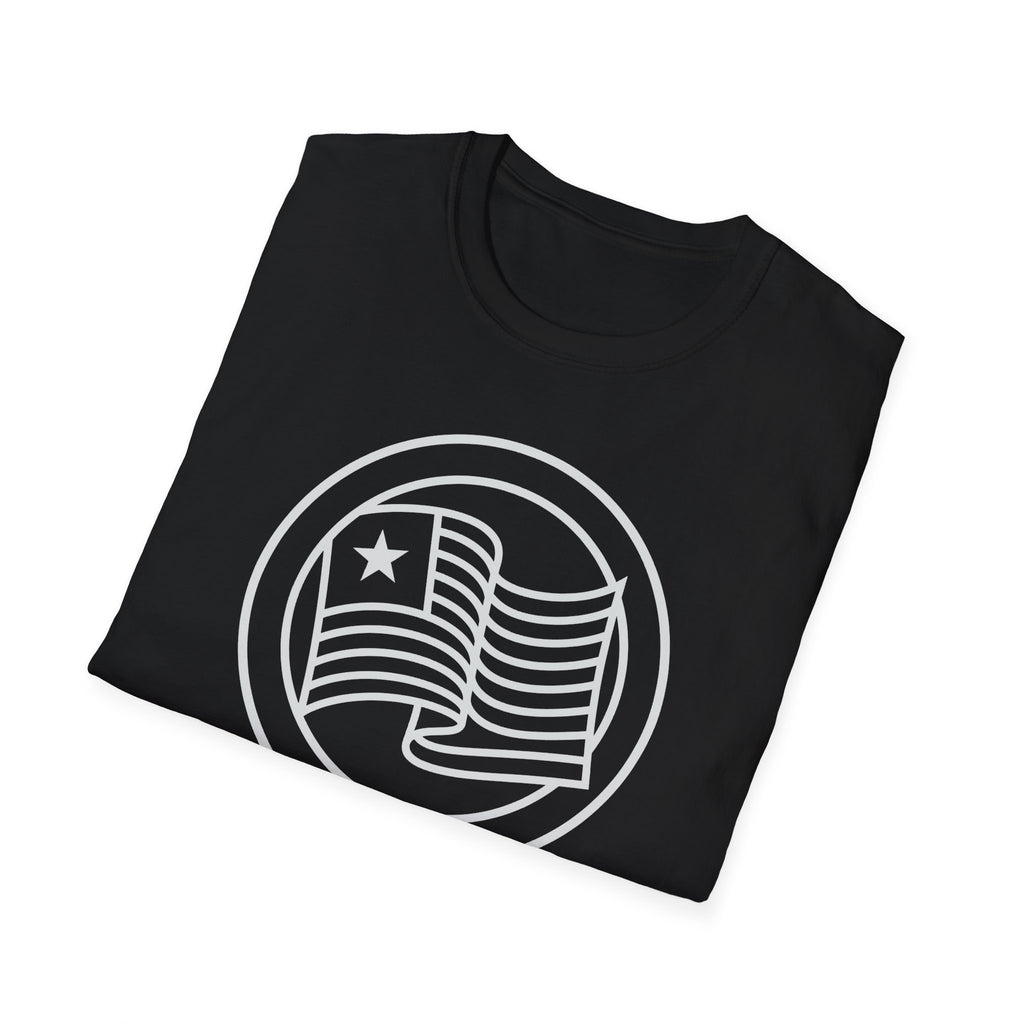 Black crewneck T-shirt with white circular graphic showing star and striped flag