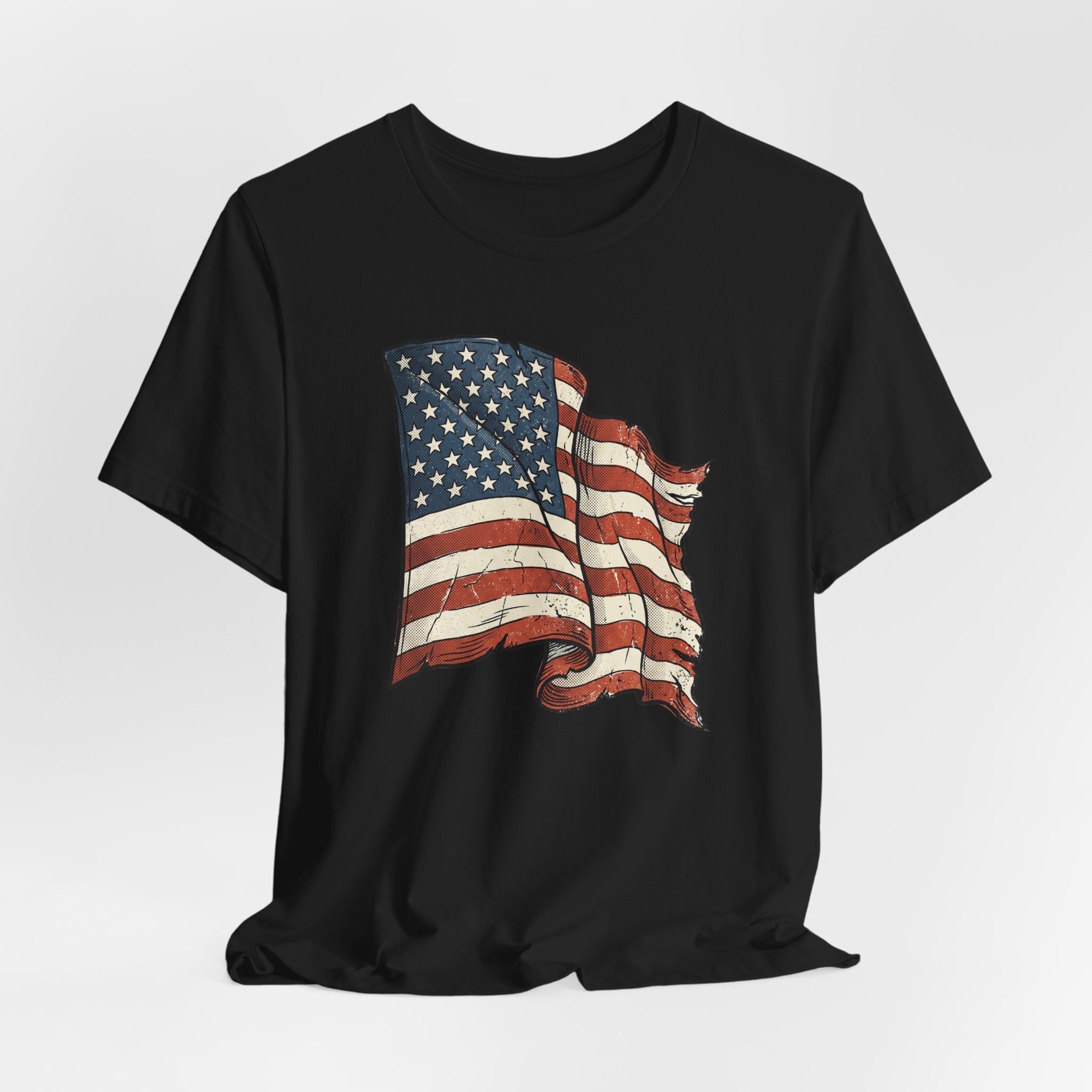 Black T-shirt with centered vintage American flag waving graphic