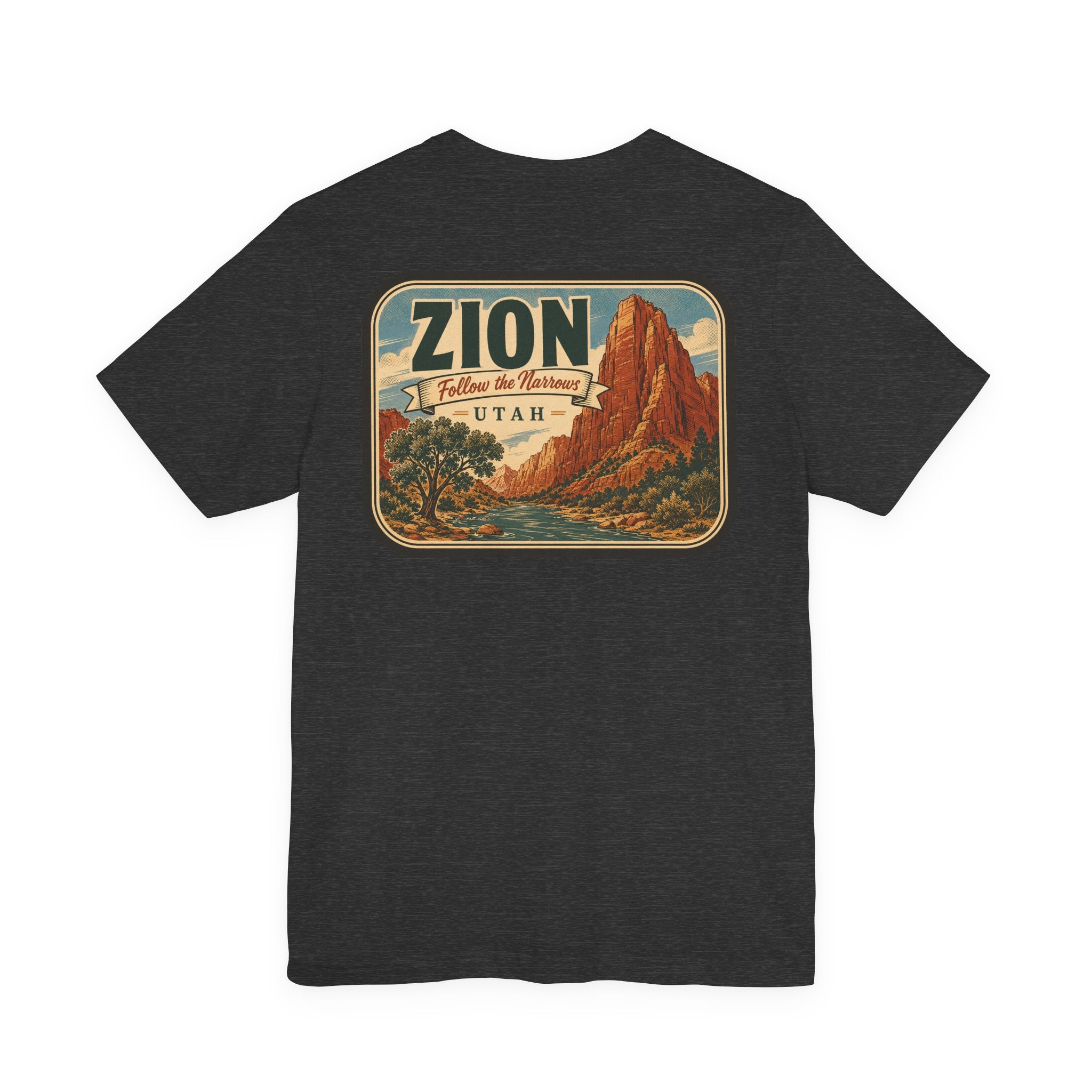 Dark heather t-shirt with large back graphic: “ZION” Utah landscape inside a badge.