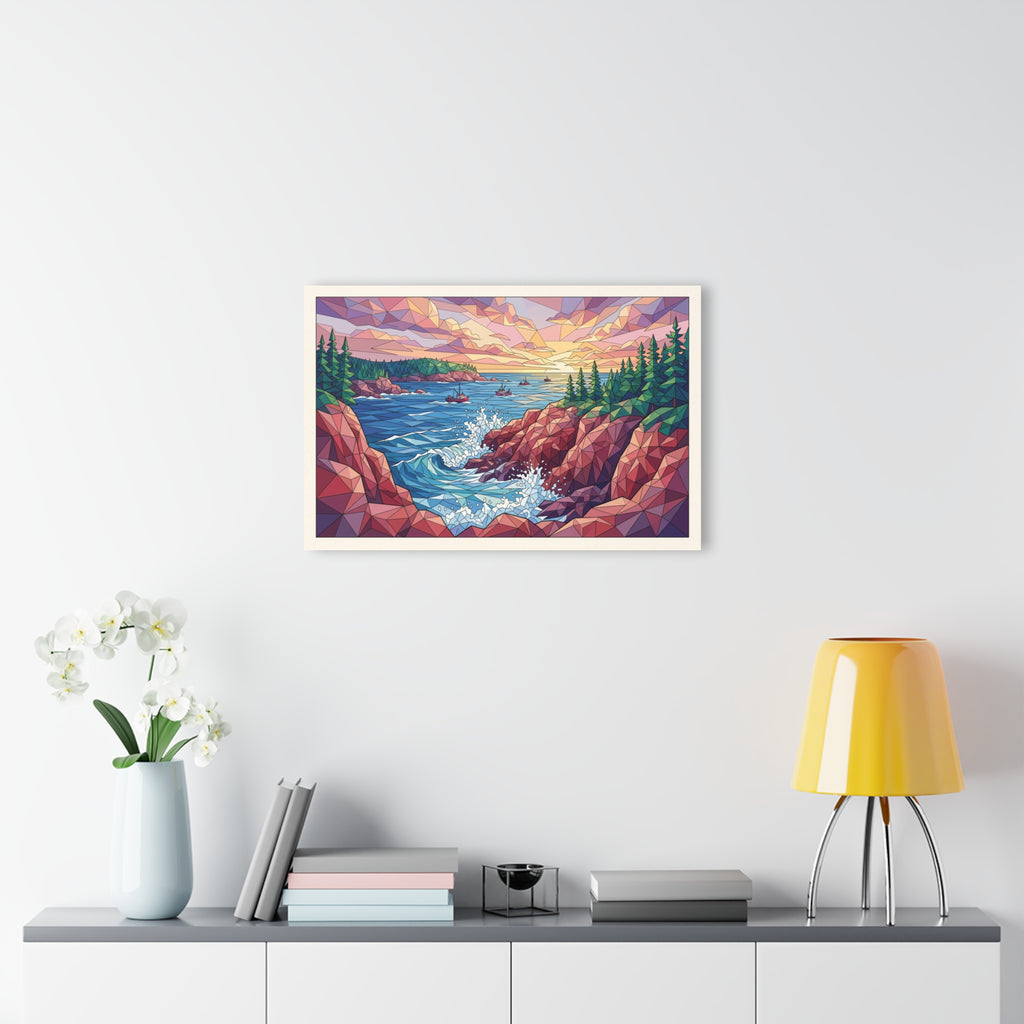 Small framed geometric seascape acrylic wall art with ocean, rocks, and pine trees
