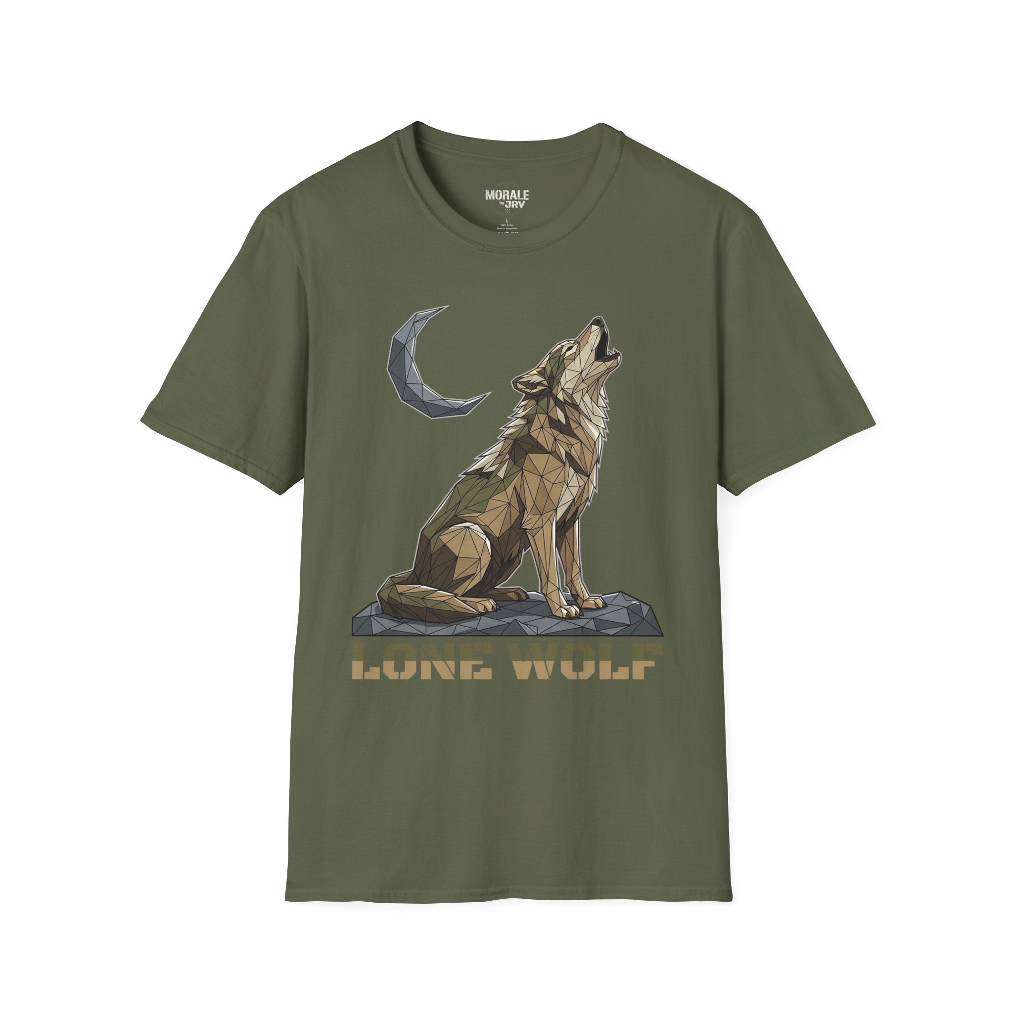 Green T-shirt with geometric lone wolf howling and moon graphic on the front
