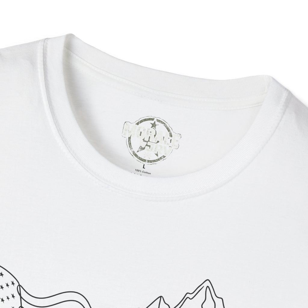 White T-shirt neckline close-up with small chest logo and partial line art