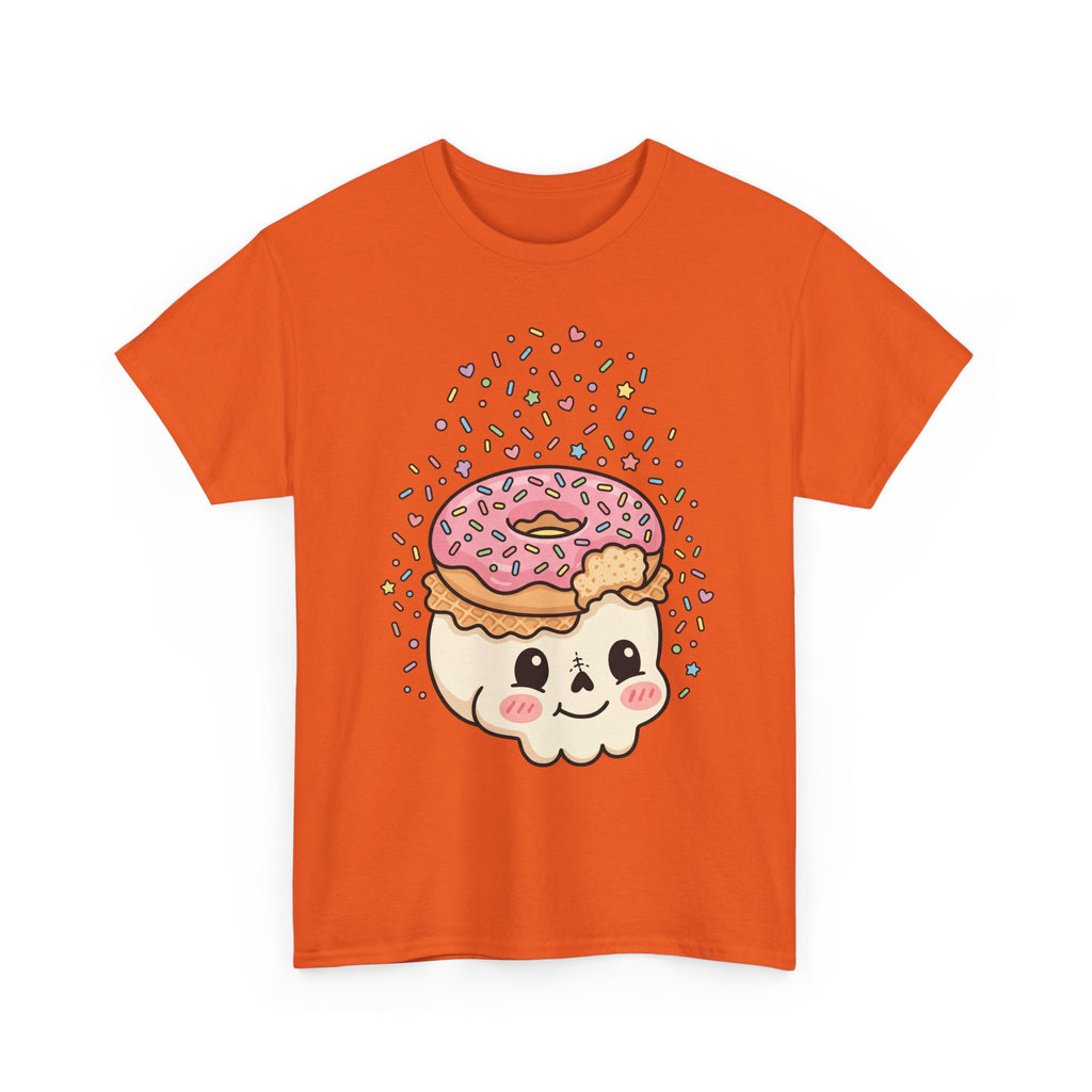 Cute Donut Skull T-Shirt, orange front donut skull with sprinkles