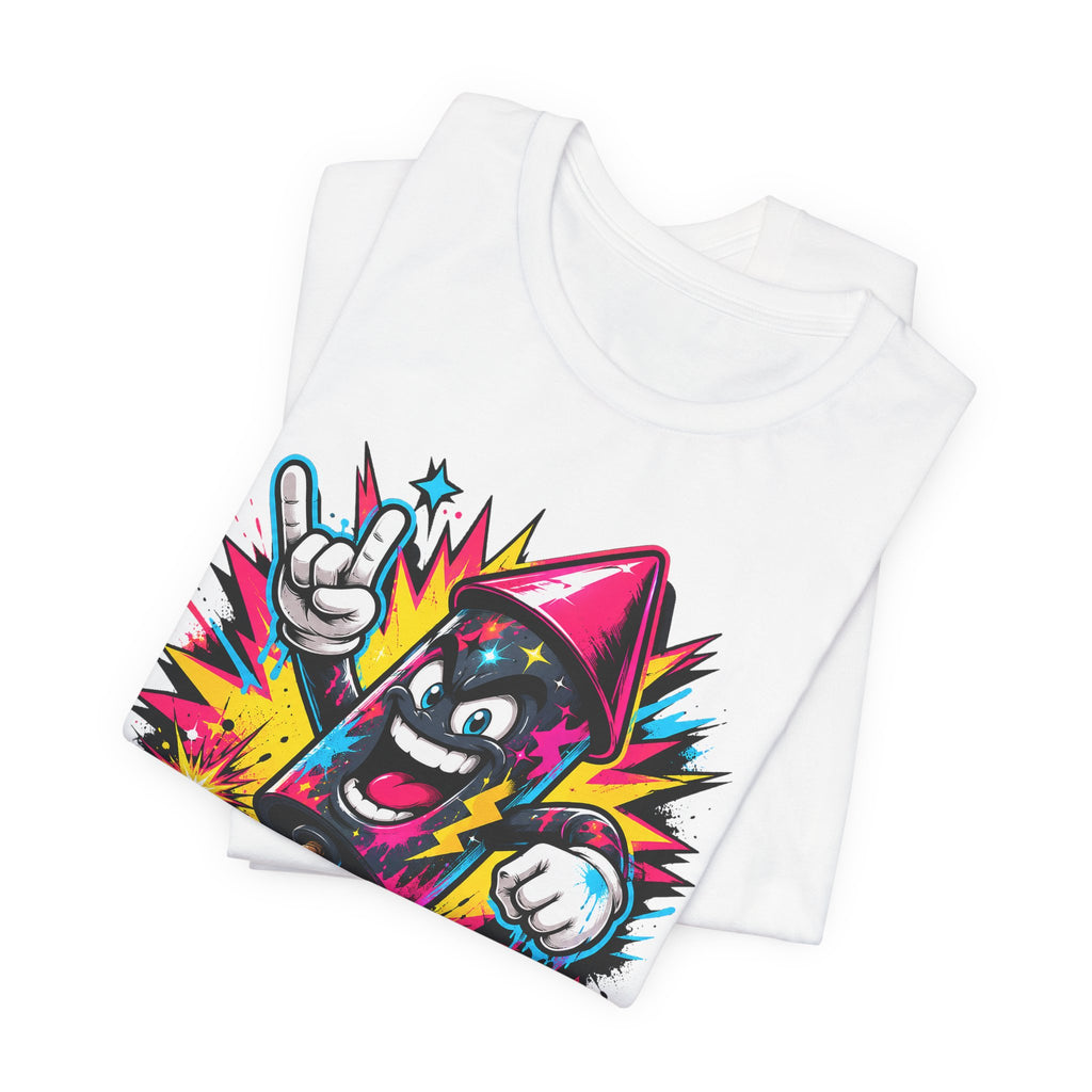 White crewneck T-shirt with colorful cartoon cat “Light it up” graffiti graphic
