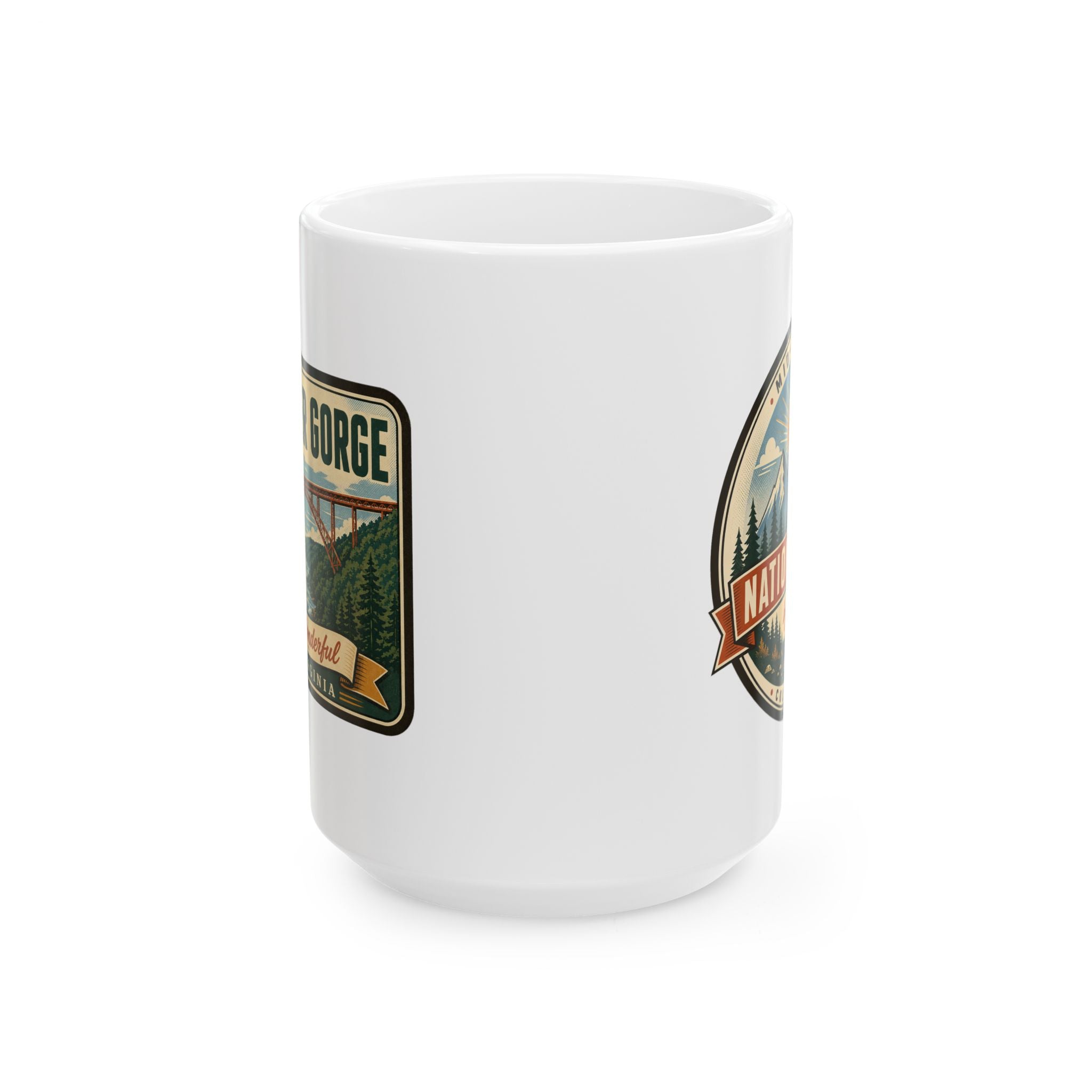 White ceramic coffee mug with retro park emblem and scenic landscape print