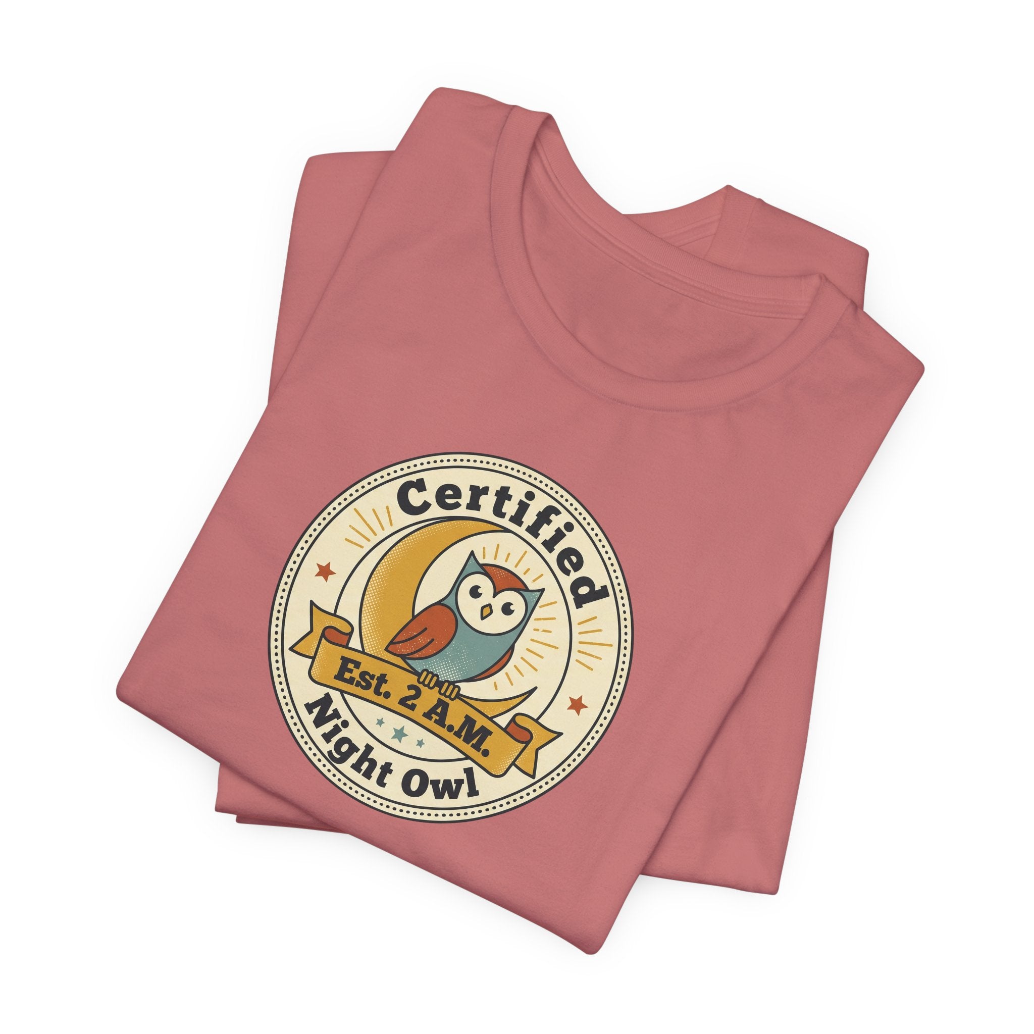 Dusty rose graphic T-shirt, crew neck, “Certified Night Owl” badge front print