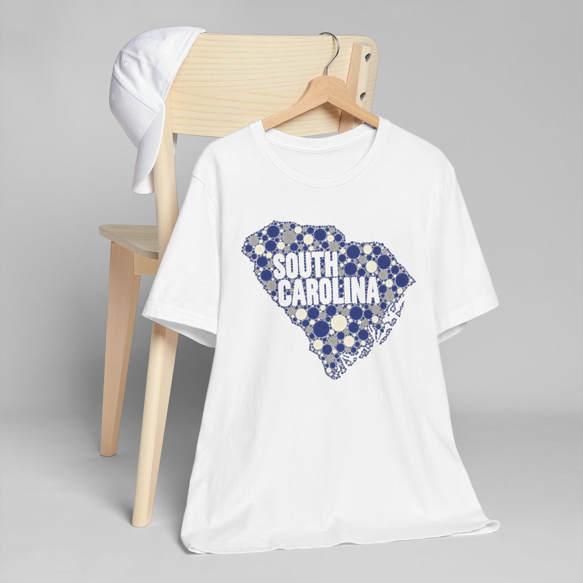 White T-shirt with blue dotted South Carolina outline and “South Carolina” text
