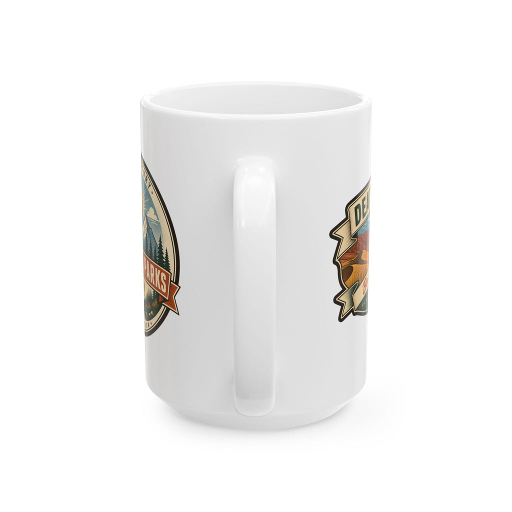 White ceramic mug with partial National Parks emblem graphic on side