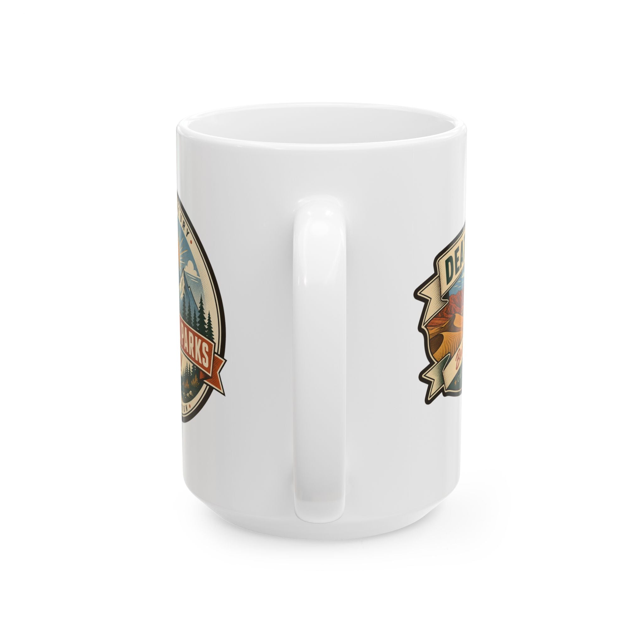 White ceramic mug with partial National Parks emblem graphic on side