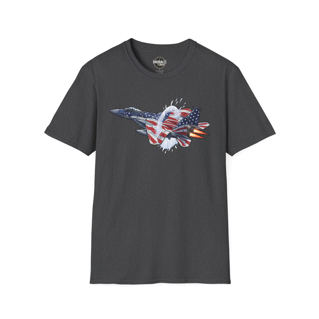 Dark heather T-shirt with American flag fighter jet graphic