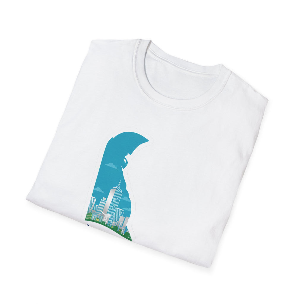 White T-shirt angled view with partial blue Delaware silhouette graphic