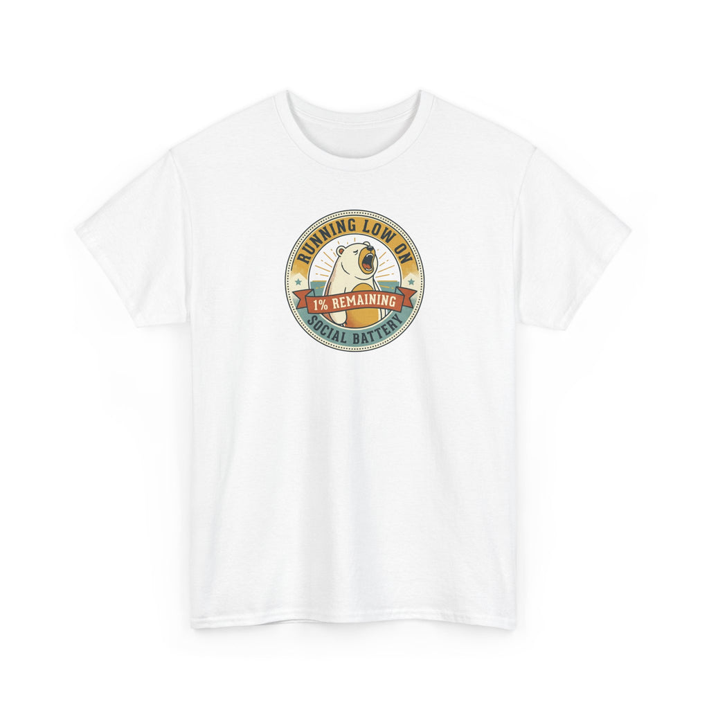 White crewneck T-shirt with circular “Running Low…” graphic on front