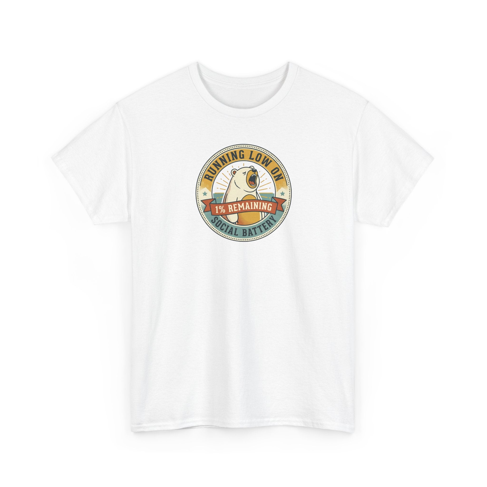 White crewneck T-shirt with circular “Running Low…” graphic on front