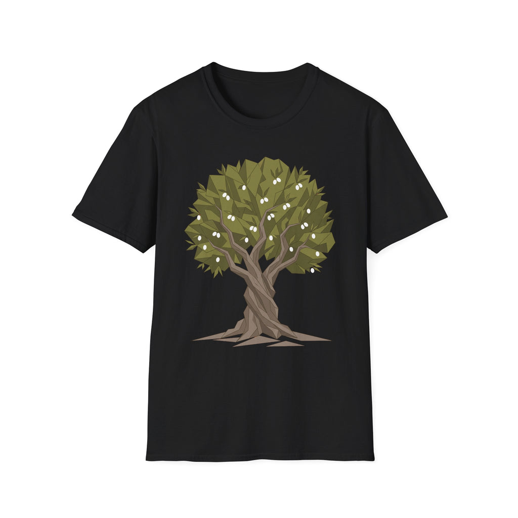 Twisted Olive Tree T-Shirt in black with twisted tree graphic and olive green leaves