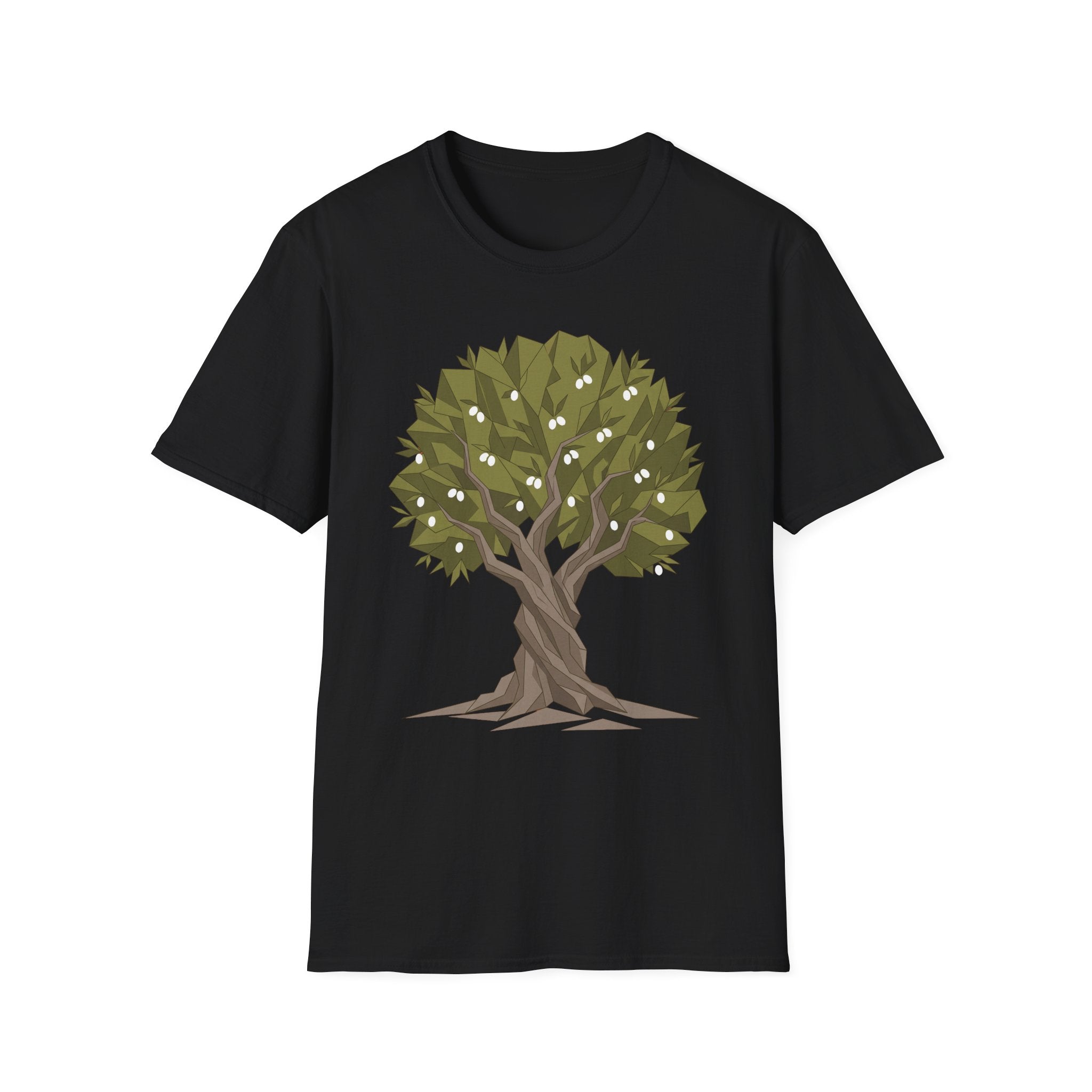 Twisted Olive Tree T-Shirt in black with twisted tree graphic and olive green leaves