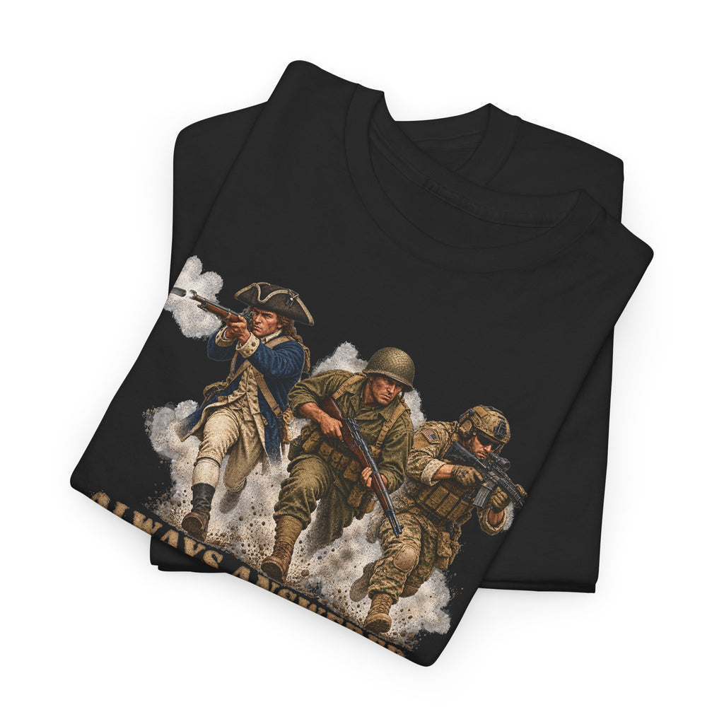 Black crewneck T-shirt with patriotic soldier graphic on front