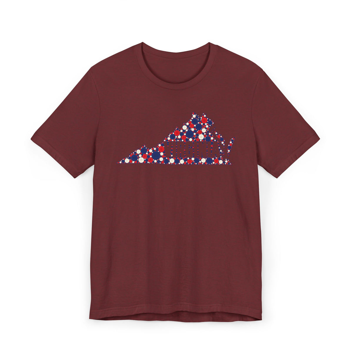 Burgundy T-shirt with red white blue Virginia map graphic made of floral polka dots