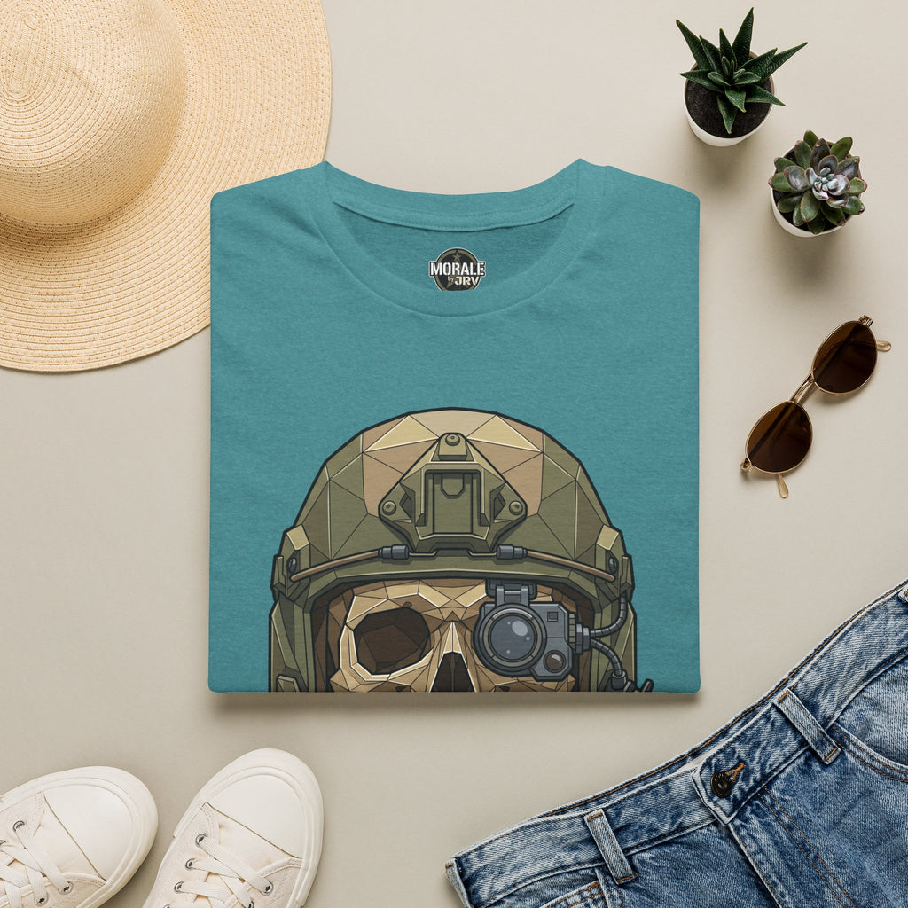 Blue tactical skull helmet t-shirt with armored helmet graphic on front