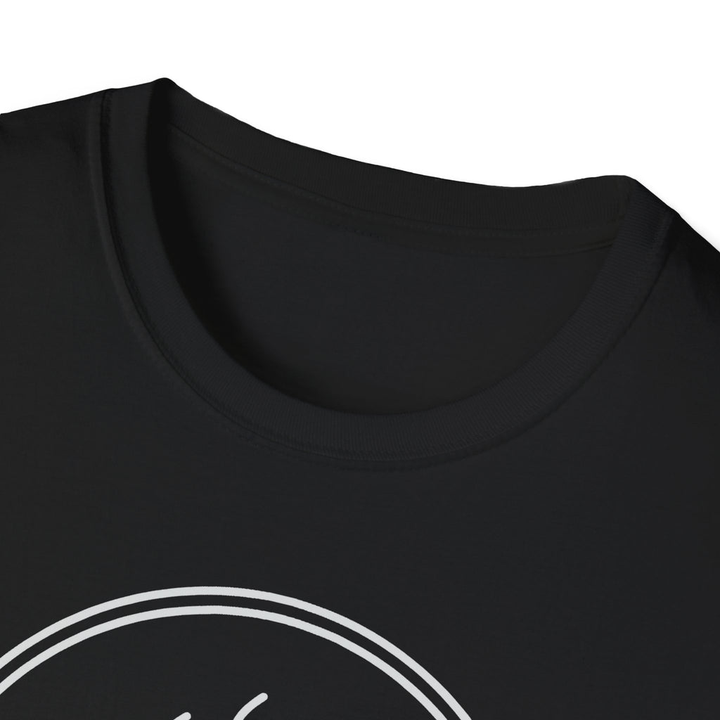 Black T-shirt neckline with partial circular coffee graphic print