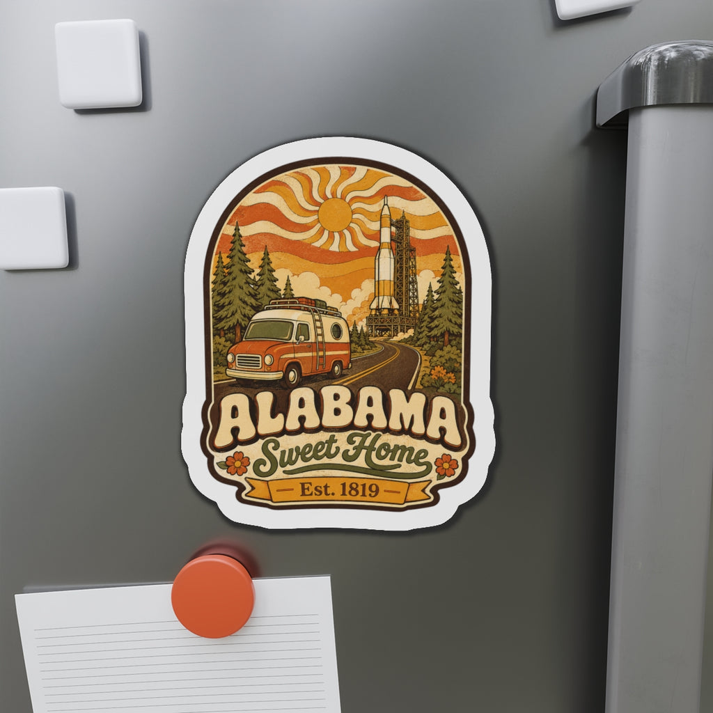 Die-cut Alabama Sweet Home magnet featuring orange camper, pine trees, and rocket tower