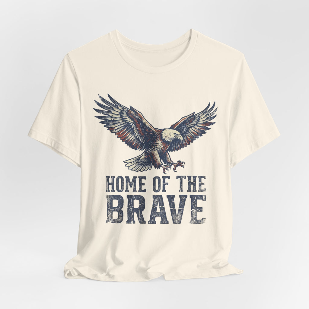 Natural cream crew-neck T-shirt with bald eagle and 'HOME OF THE BRAVE' text
