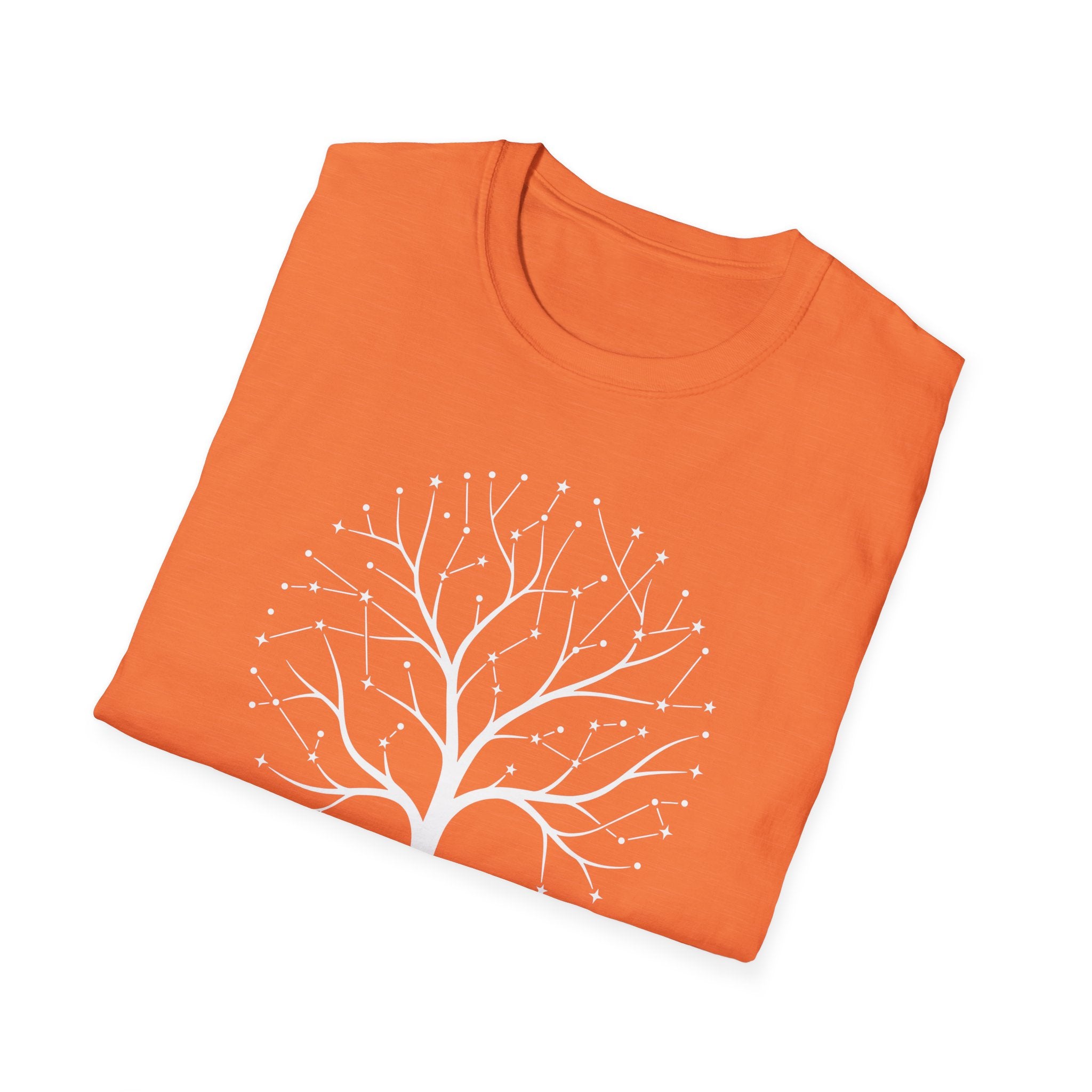 Tree of Life T-shirt, heather orange, white tree roots constellation graphic