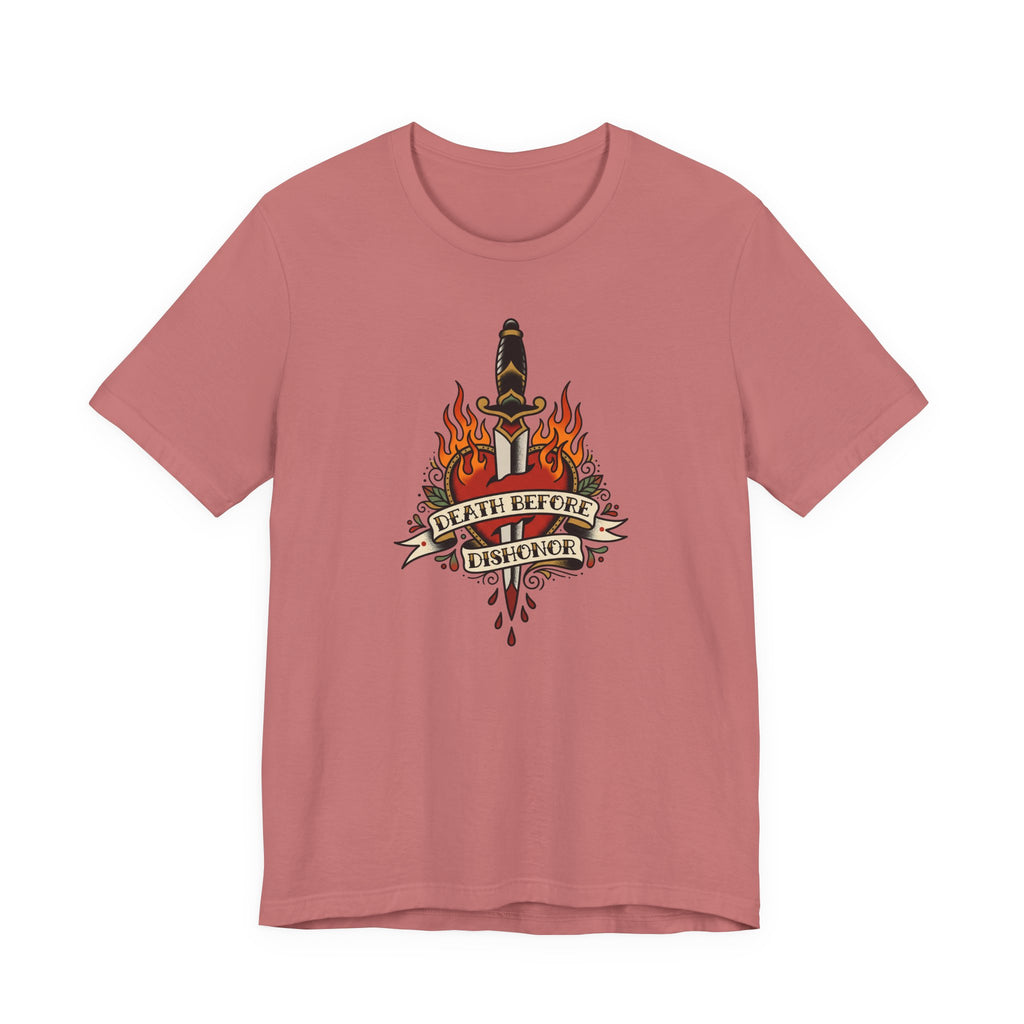 Dusty rose crewneck T-shirt with flame dagger graphic on front