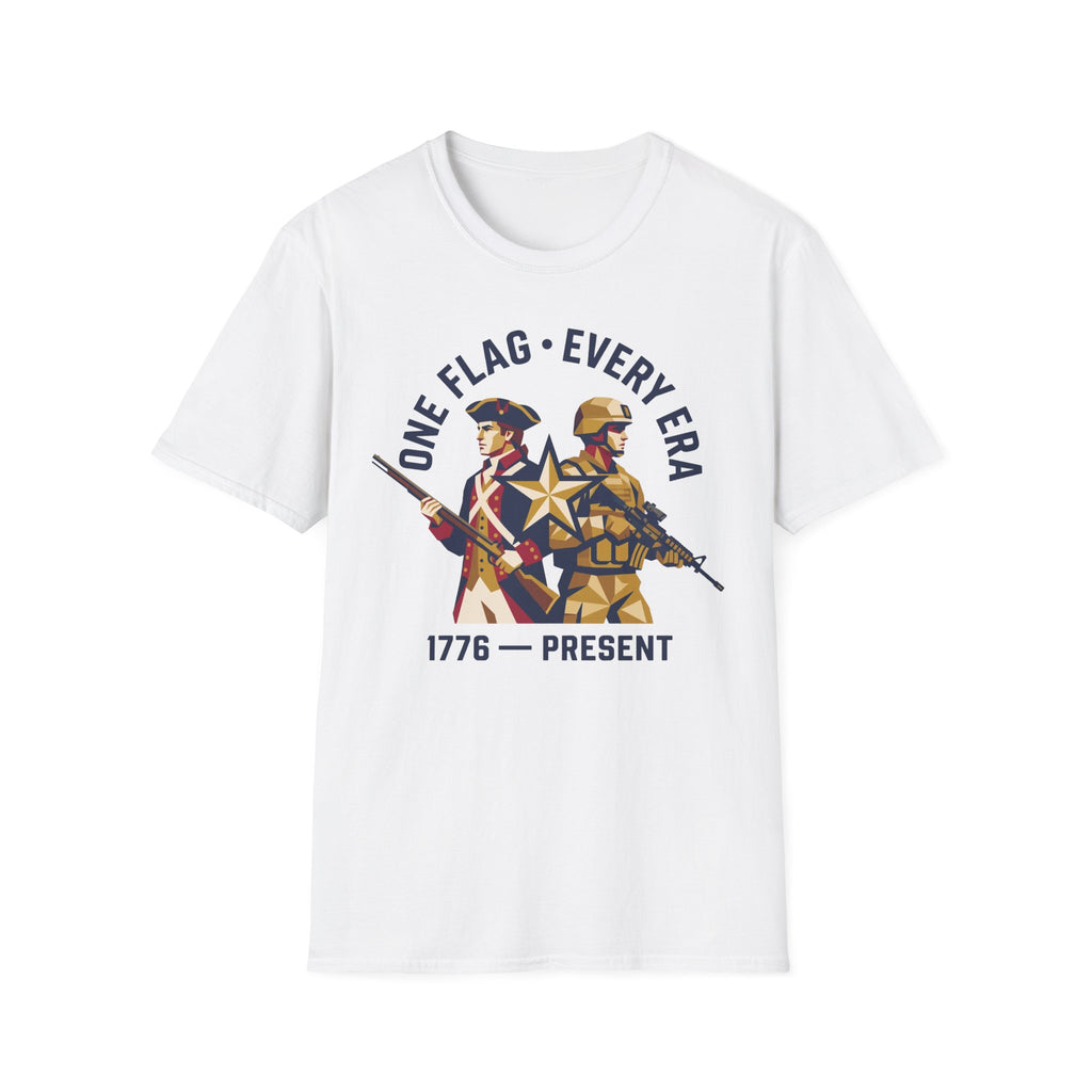 White military graphic t-shirt with soldier and '1776–present' emblem