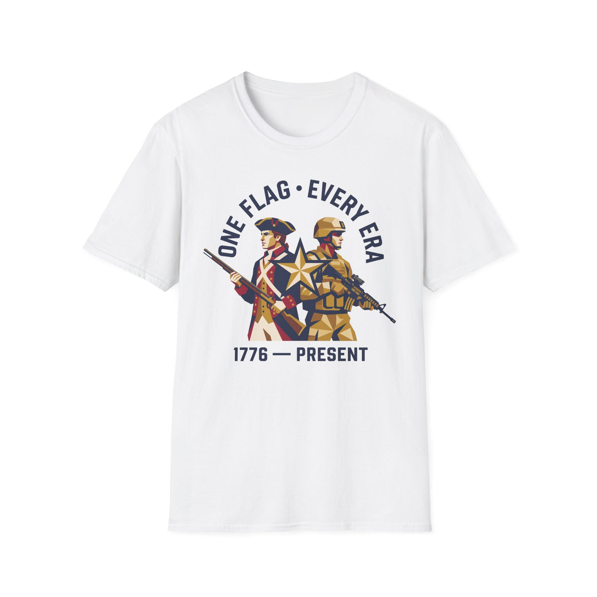 White military graphic t-shirt with soldier and '1776–present' emblem
