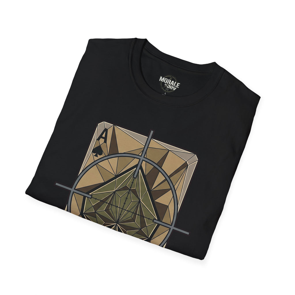 Black T-shirt with crosshair spade graphic on the chest