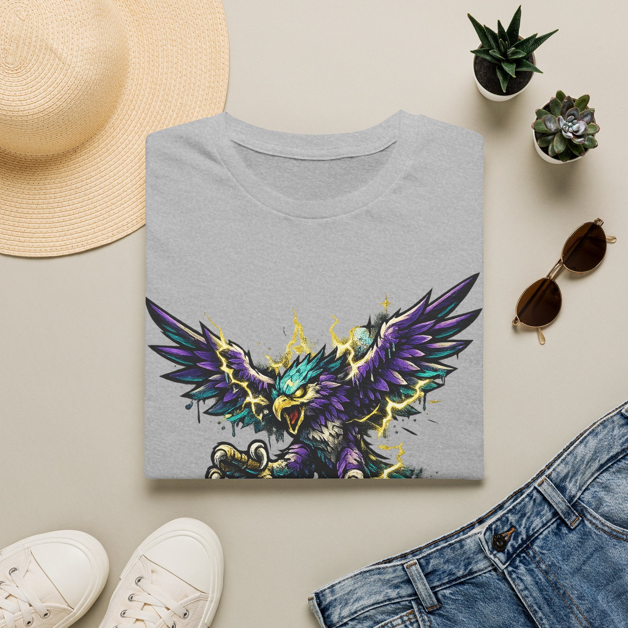 Light gray crew-neck T-shirt with colorful mythical lightning bird graphic