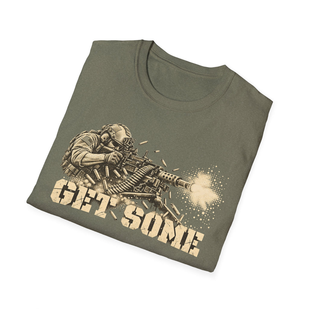 Olive green crewneck T-shirt with vintage soldier and machine gun graphic and “GET SOME”